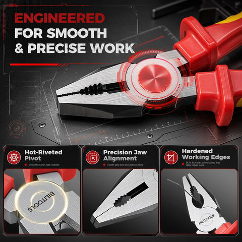 Pro Grade 1000V Insulated Pliers Set For Electricians, 4 Piece Heavy Duty Cr-Mo Tools With 8 Inch Combination Pliers, 8 Inch Needle Nose Pliers, 8 Inch Wire Stripper, And 7 Inch Diagonal Cutters, close-up of red insulated pliers jaws