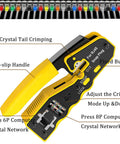 Heavy Duty Cat5e Cat6 Crimp Tool Set For RJ45 RJ11 RJ12 Wiring With Wire Cutter Stripper Pliers And Built In Tester showing tool features