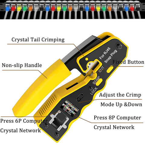 Heavy Duty Cat5e Cat6 Crimp Tool Set For RJ45 RJ11 RJ12 Wiring With Wire Cutter Stripper Pliers And Built In Tester showing tool features