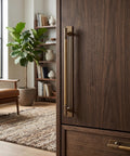 Antique Brass Zinc Alloy Cabinet Handle With Backplate 12.6 Inch Hole Center Pull on wooden cabinet door, kitchen setting