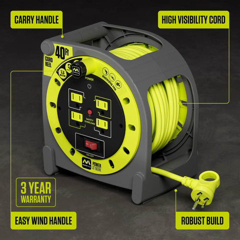 40 Ft Retractable Extension Cord Reel with 4 Grounded Outlets, Safety Overload Circuit Breaker, Power Switch, 14AWG Cable