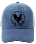 Sky Blue Adjustable Trucker Cap For Women with rooster logo, Washed Cotton Dad Hat With Breathable Comfort, Lightweight Summer Baseball Hat