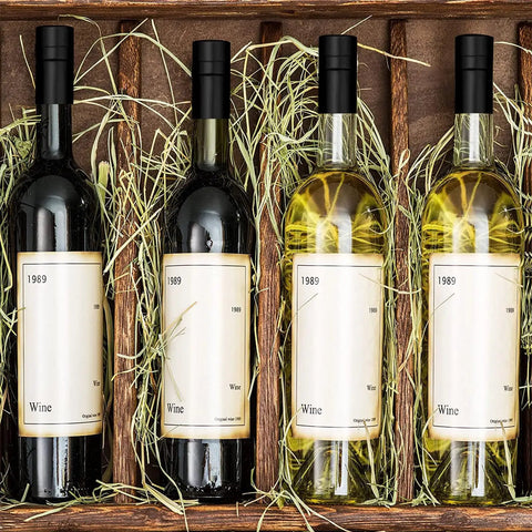 100 Pack Black Wine Bottle Sealers With Solid Airtight Plastic Cork Tops And Quick Squeeze Grip Caps That Keep Your Poured Vino Crisp And Fresh Without Stale Air Or Leaky Messes Till Your Next Round Of Cheers with four wine bottles in a wood crate.