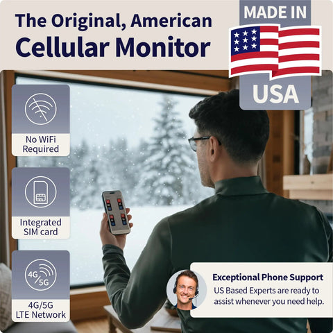 Cellular Temperature Humidity And Power Monitor For Homes And Remote Sites With 24 Seven Monitoring And Instant Alerts Made In USA Verizon Compatible For RVs Pet Safety Monitoring Second Homes And Greenhouses. man using phone