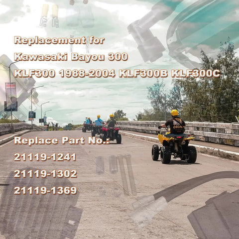 ATVs on road with replacement parts text for Kawasaki Bayou 300 KLF300 1988-2004, including part numbers 21119-1241, 21119-1302, 21119-1369.