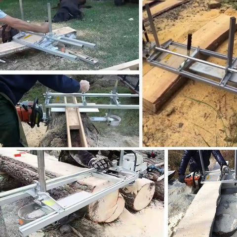 36 Inch Portable Chainsaw Mill pro grade in use, cutting logs into slabs 0.5 to 13 inches thick with aluminum and steel planking.