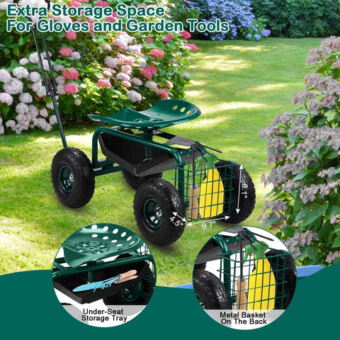 Garden Cart With Rolling Seat And Adjustable Handle, 360 Degree Rotating Stool, Handy Tool Tray, outdoor wagon in garden