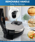 Starblue 10 Inch Electric Roti Maker With Non Stick Plates And Removable Handle Plus Free Roti Warmer Automatic Chapati Machine displaying detachable handle for easy storage.