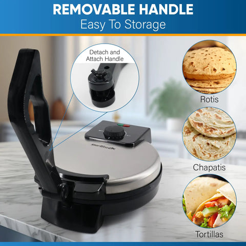 Starblue 10 Inch Electric Roti Maker With Non Stick Plates And Removable Handle Plus Free Roti Warmer Automatic Chapati Machine displaying detachable handle for easy storage.