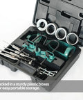 Mortising machine attachment set in green metal with drill bits and circular guides in a hard plastic carry case.