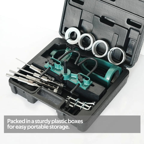 Mortising machine attachment set in green metal with drill bits and circular guides in a hard plastic carry case.