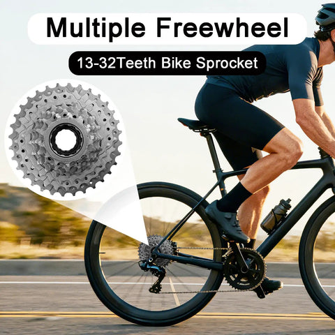 Close-up of 8 Speed Bike Freewheel 13 32T for Mountain Folding and Commuter Bikes on bike, rider pedaling on road