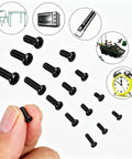 750 Pieces Black Mini Screw Assortment Kit M1.4 To M3 Phillips Pan Head Carbon Steel Fasteners held by a finger, showing various sizes.