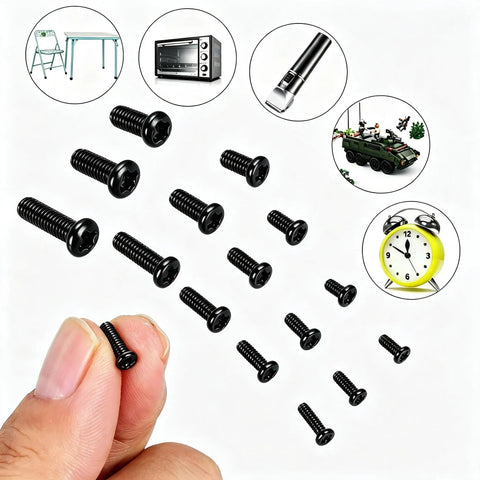 750 Pieces Black Mini Screw Assortment Kit M1.4 To M3 Phillips Pan Head Carbon Steel Fasteners held by a finger, showing various sizes.