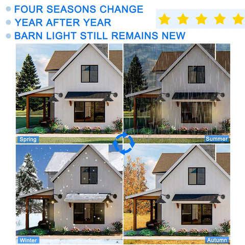 Outdoor Barn Lights With Motion Sensor 10 Inch Industrial Exterior Wall Light Rugged Waterproof Matte Black For Porch Garage Patio House Automatic Dusk To Dawn Lighting Bulb Not Included shown in different seasons on house