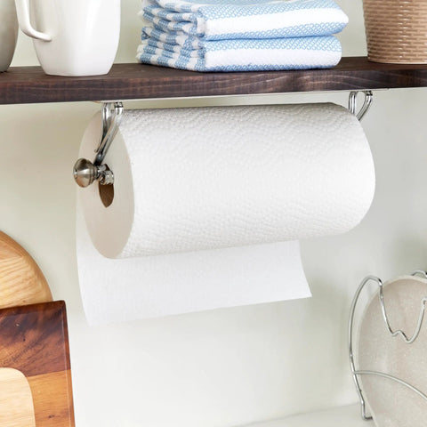 Steel Wall Mount Paper Towel Holder In Chrome Finish on kitchen wall, keeps paper towels clean and off the counter, no mess.
