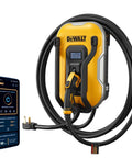 Yellow and black Level 2 EV Charger with 40 Amp 240V Output App Control Bluetooth and WiFi, mobile app control visible.