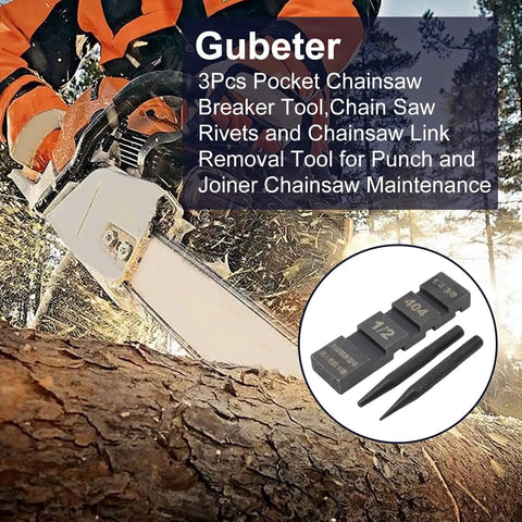 Lumberjack in forest using chainsaw with inset of Three Piece Pocket Chainsaw Breaker Tool Set For Quick Chain Repair And Link Removal Rivets Included Easy Punch And Joiner Kit For Chainsaw Maintenance Field And Home Workshop Ready