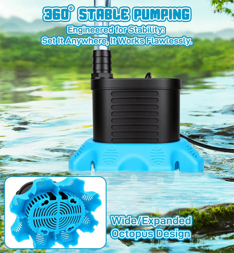 850 GPH Submersible Pool Cover Pump With 30 Inch Power Cord And Adapters in water showing octopus design base