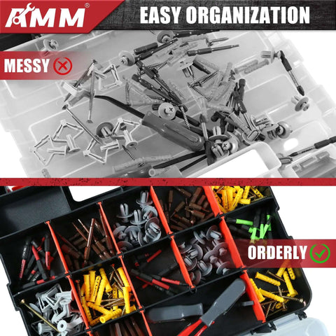 Double Sided Tool Box Organizer With 34 Compartments And 24 Removable Dividers Red Tackle Box For Screws Nuts Nails Bolts Small Parts Hardware Storage For DIY Projects 2 Piece Set Super Handy And Ready To Tame Your Mess, showing organized compartments with fasteners and dividers.