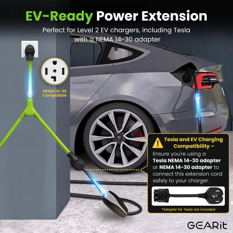 Four Prong Dryer Y Splitter Cable 30 Amp NEMA 14 30P to Dual NEMA 14 30R Receptacles STW 10AWG 4C connected to EV charger