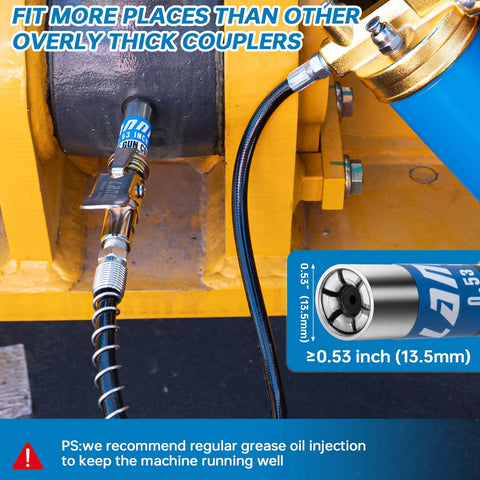 Installed chrome-plated grease gun coupler, 0.53 in (13.5 mm) size, 1/8 NPT quick-release on grease hose.