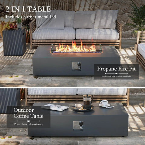 56 Inch Outdoor Propane Fire Pit Table With 50000 BTU Power For Patios Deluxe Hidden Tank Design Wind Guard And Removable Lid Blue Glass Rocks Grey Weather Resistant Finish Includes Rain Cover For Year Round Outdoor Vibes