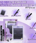 Wispy Lash Clusters Kit Natural Eyelash Extensions 156 Pieces with glue, remover, applicator, and comb on purple background.
