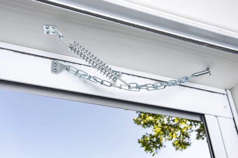Heavy Grit Zinc Steel Wind Chain For Storm And Full View Screen Doors Adjustable Shock Absorber Retainer mounted on door.