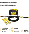 90 Foot Horizontal Lifeline System With Static Kernmantle Rope And Energy Absorber For Industrial Fall Protection Includes Two Six Foot Tie Off Adaptors Tensioner And Portable Black Bag, featuring anchors and tensioner.