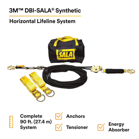 90 Foot Horizontal Lifeline System With Static Kernmantle Rope And Energy Absorber For Industrial Fall Protection Includes Two Six Foot Tie Off Adaptors Tensioner And Portable Black Bag, featuring anchors and tensioner.