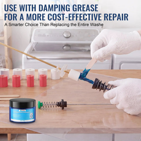 Heavy Duty Pro Grade Washing Machine Damping Grease Kit With 10 Foam Inserts for suspension rods in use on a table