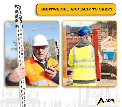 16-Foot Aluminum Grade Leveling Rod Dual-Sided 5-Section Telescopic With Bubble Level Red Foot Markings 10ths Weather-Resistant Graduations Lightweight Built Tough Construction Includes Soft Carrying Case. Surveyor using aluminum leveling rod at construction site