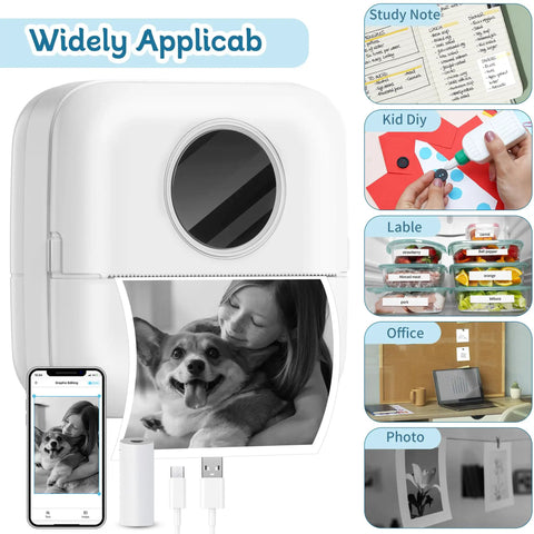 Compact Inkless Thermal Printer With Instant Bluetooth Sync And One Starter Roll Of Sticky Labels for quick prints and labels in white.