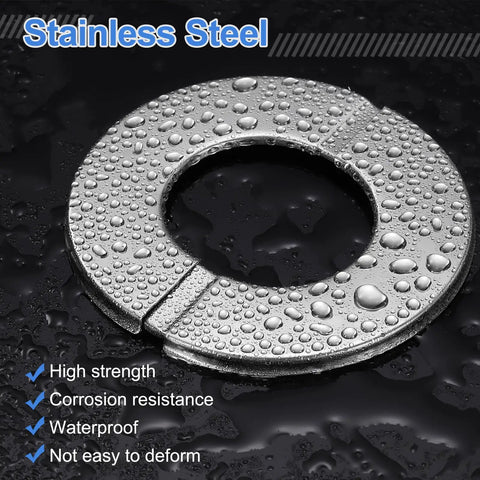 Solid Stainless Steel Split Flange Pipe Collar With Hassle Free Peel Stick Grip Heavy Duty Clip On Escutcheon Trim Ring For Walls Floors Ceilings Bathroom Kitchen Toilet Pipe Covers Two Pack, close-up of water-resistant design.