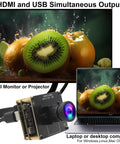 4K 60fps USB C HDMI Camera For Computers And Laser Engravers with wide angle lens connected to laptop and monitor showing kiwi image