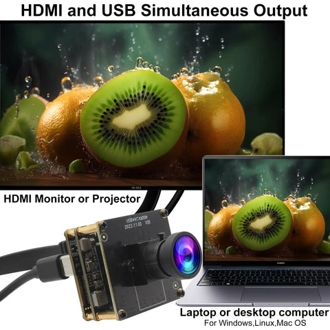 4K 60fps USB C HDMI Camera For Computers And Laser Engravers with wide angle lens connected to laptop and monitor showing kiwi image