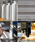 Collage of aluminum applications: bottle mold, industrial radiator, jig, and industrial machining, showcasing versatility of Six Pack 5052 Aluminum Sheet Metal 12x12 Inch.
