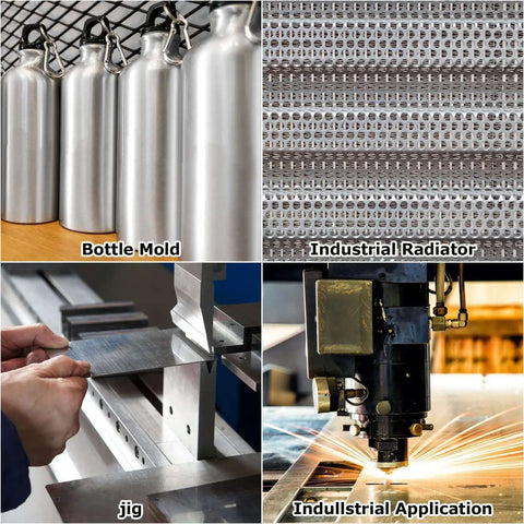 Collage of aluminum applications: bottle mold, industrial radiator, jig, and industrial machining, showcasing versatility of Six Pack 5052 Aluminum Sheet Metal 12x12 Inch.