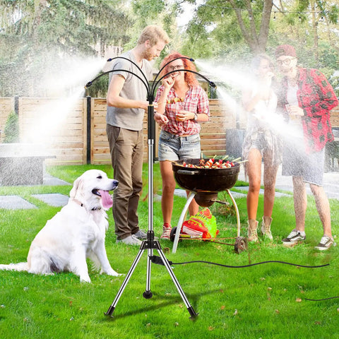Outdoor Standing Misting System For Patio And Backyard Keeps It Cool With 4.1Ft Adjustable Height Triangular Tripod Base Four Flexible Spray Tubes Portable Water Cooling Mister For Patio Pool Camping And Deck shown in use at a BBQ gathering