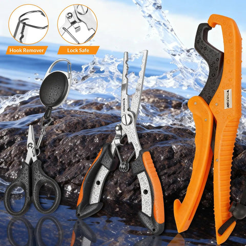 Fishing Backpack With Tackle Boxes 20L Waterproof Sling Bag showing lip gripper, pliers, and scissors on wet rocks with water splash.