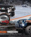 Beefy Heavy Duty 3/8 Inch By 100 Foot Steel Winch Cable With 15,200 Lbs Breaking Strength towing SUV and truck in snowy landscape