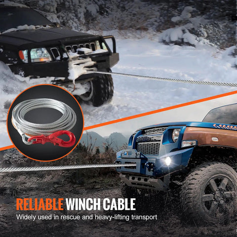 Beefy Heavy Duty 3/8 Inch By 100 Foot Steel Winch Cable With 15,200 Lbs Breaking Strength towing SUV and truck in snowy landscape