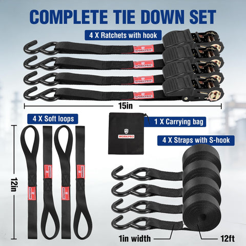 Beefy Heavy Duty Ratchet Straps 1 Inch By 15 Feet, 1650 Lbs Break Strength, 4 Pack With Soft Loops detailed view