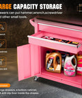 Open pink 2-in-1 tool cabinet showing drawer with tools and bottom storage with oil cans. 8 Drawer Rolling Tool Chest With Wheels Lockable 2 In 1 Detachable Tool Cabinet With Drawers And Black Liners Pink Garage Top Toolbox And Bottom Storage Cart With Side Hooks.
