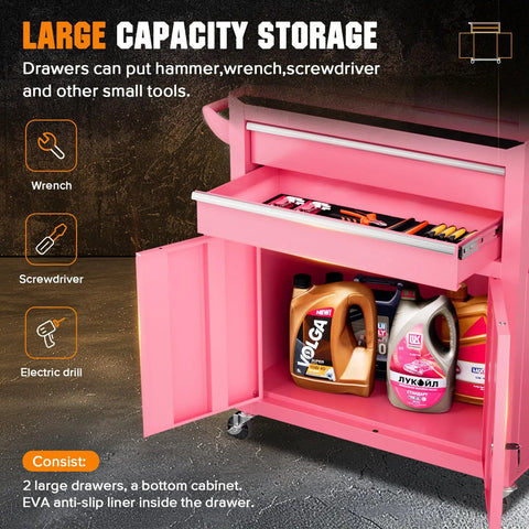 Open pink 2-in-1 tool cabinet showing drawer with tools and bottom storage with oil cans. 8 Drawer Rolling Tool Chest With Wheels Lockable 2 In 1 Detachable Tool Cabinet With Drawers And Black Liners Pink Garage Top Toolbox And Bottom Storage Cart With Side Hooks.