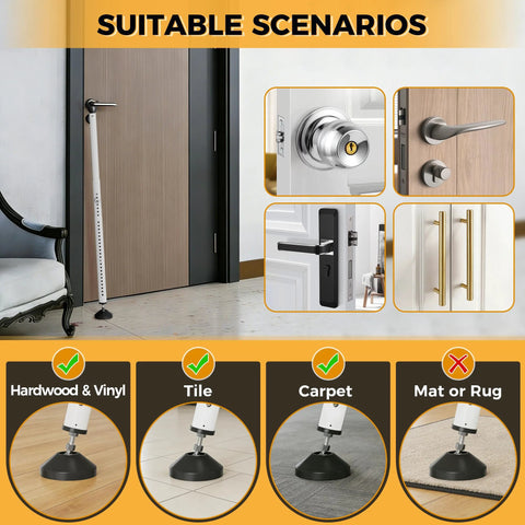 2 In 1 Sliding Door Security Bar, Adjustable From 16.5 To 48 Inches, installed on a hinged door, anti-scratch feet on various floors.