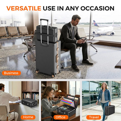 Go To Fireproof Document Box With Lock Built Like A Tank Safe For Home Use shown on top of luggage in airport setting