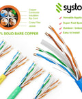 Blue Cat6e Ethernet cable with solid bare copper wires for indoor outdoor use from 50 ft to 1000 ft range, 600MHz, riser rated CMR.