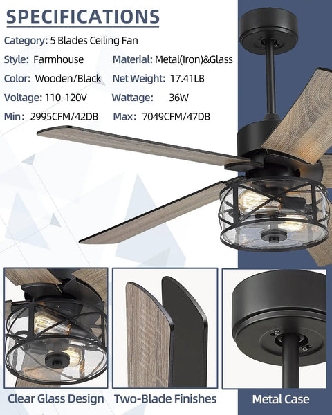 Specifications of 48 Inch Dope Industrial Black Farmhouse Ceiling Fan With Glass Shade, Reversible Matte Black And Wood Blades